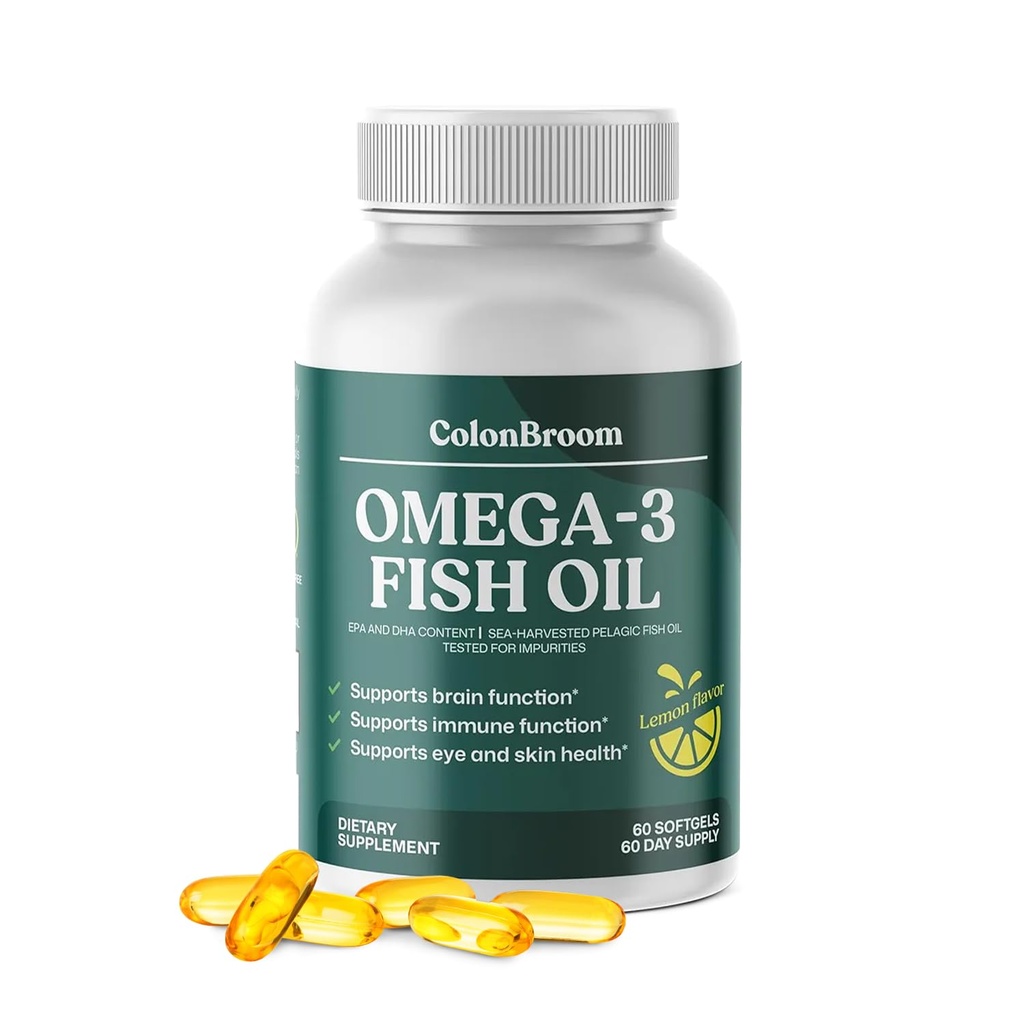 ColonBroom Omega 3 Fish Oil 2640 mg Softgels | Lemon Flavor | Daily Fish Oil Omega-3 Supplement for Women & Men with EPA & DHA | Gluten-Free, Non-GMO, Natural (60 Softgels, 2 Month Supply)