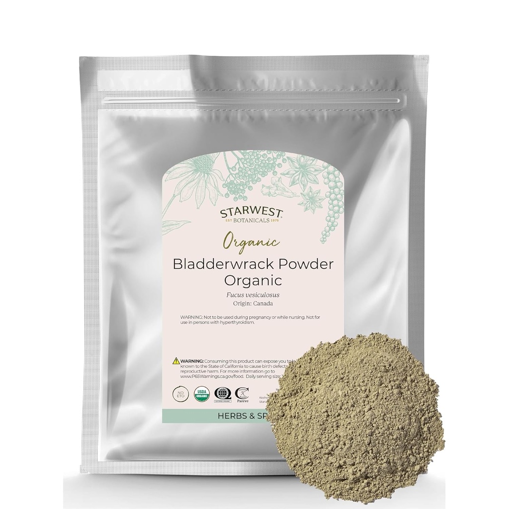 Starwest Botanicals Tørret Bladderwrack Organic Powder - Natural Seaweed Herb, Kilde til jod, kalium, zink, calcium, vitaminer A & C, Certified Kosher, Non- GMO - Bulk 1 LB Bag