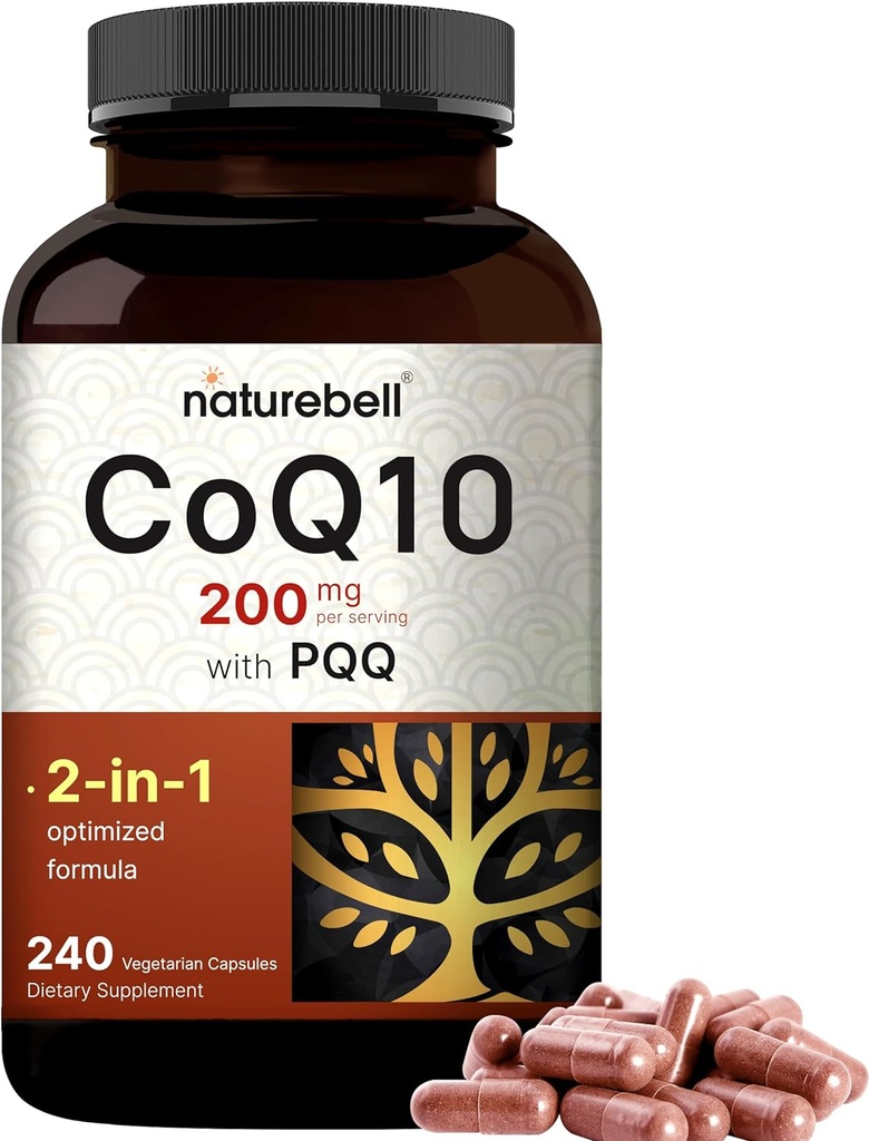 NatureBell CoQ10 200mg med PQQ, 240 Veggie Kapsler; Stabil High Absorption Form - Antioxidant Support for Heart, & Energy Health - Ekstra styrke Coenzym Q10 Supplement