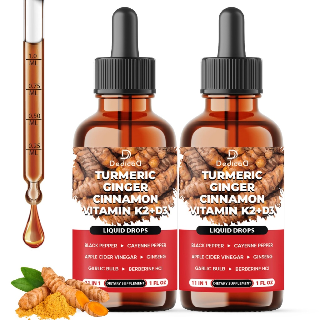 11in1 Turmeric Supplement for Health Heart & Wellness Support – with Ginger, Garlic, Ceylon Cinnamon, Berberine, Ginseng, Apple Cider Vinegar – 30ml Liquid Drops – 60 Servings