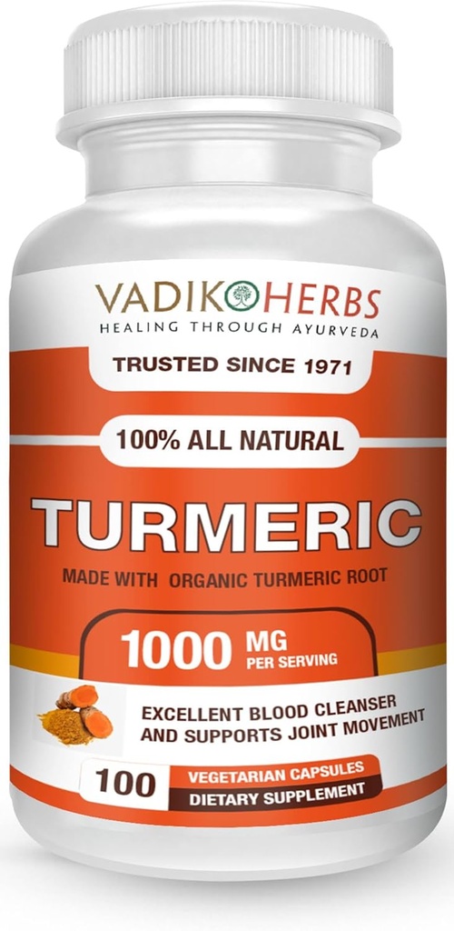 Vadik urter Økologisk gurkemeje Curcumin 1000 mg 10%; (100 vegicaps) 12%; Fremstillet i USA 125%; Trusted siden 1971