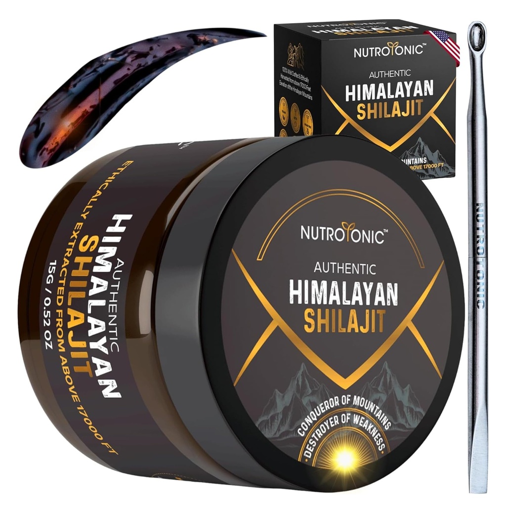 NutroTonic ® Autentisk Himalayan SHILAJIT ® - 124; 60 dage Soltørret økologisk mest potent Premium - resin 124; Lab testet for sikkerhed 124; Naturlig kilde til Fulvic Acid + 86% & Humic Acid + 10%