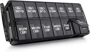 Sukuos Weekly Pill Organizer 7 Dag 2 gange om dagen, Quick Fylde Daily Pill Box (AM PM), Ekstra store Pill Cases for Vitamin / Fish Oil / Kosttilskud, Gigt Friendly, Let at rengøre