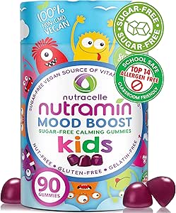NUTRAMIN Kids Mood Boost Vegansk Vitamin Gummy: Calming Magnesium Citrate Supplement for børn med Ashwagandha & B-vitamin Kompleks til at slappe af & Focus - Sugar- Free, Allergy- Safe, Non- GMO 90 ke