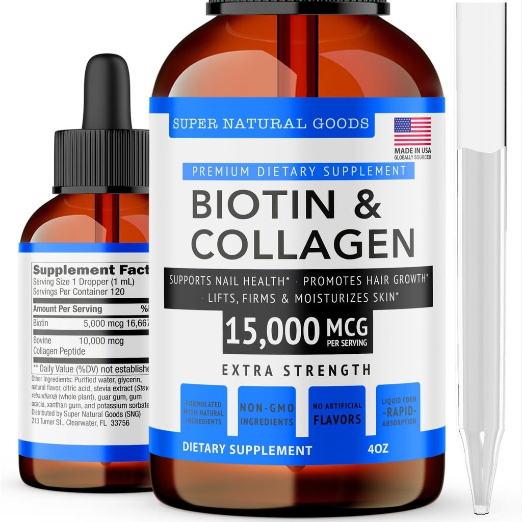 Super Natural Goods Biotin & Collagen Vitaminer - Hårtab, Gut Sundhed, Anti- Aging, Hudpleje & Nails - Lavet i USA, Non- GMO & Cruelty Free (4 Ounce- 15,000mcg)