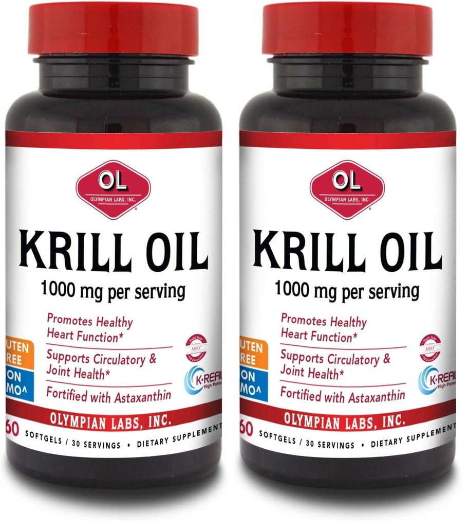 Olympian Labs Antarctic Krill Oil, 1000mg Caps med Astaxanthin, Omega-3, EPA, DHA, Immun, Joint & Brain Support, 60 Softgels (Pack of 2)