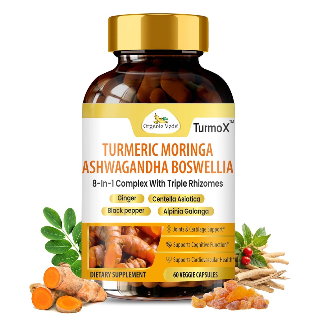 Organic Veda TurmoX Turmeric Moringa Ashwagandha Boswellia Capsules – Triple Rhizomes & 8 in 1 Antioxidants, Brain, Heart & Joints Support Supplement with Ginger & Black Pepper - 60 Capsules