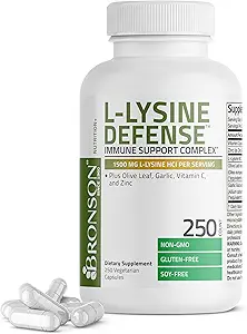 Bronson L- Lysin Defense immunsupport Complex 1500 MG L- Lysin Plus Olive Leaf, hvidløg, C-vitamin og zink - non-GMO, 250 vegetariske kapsler