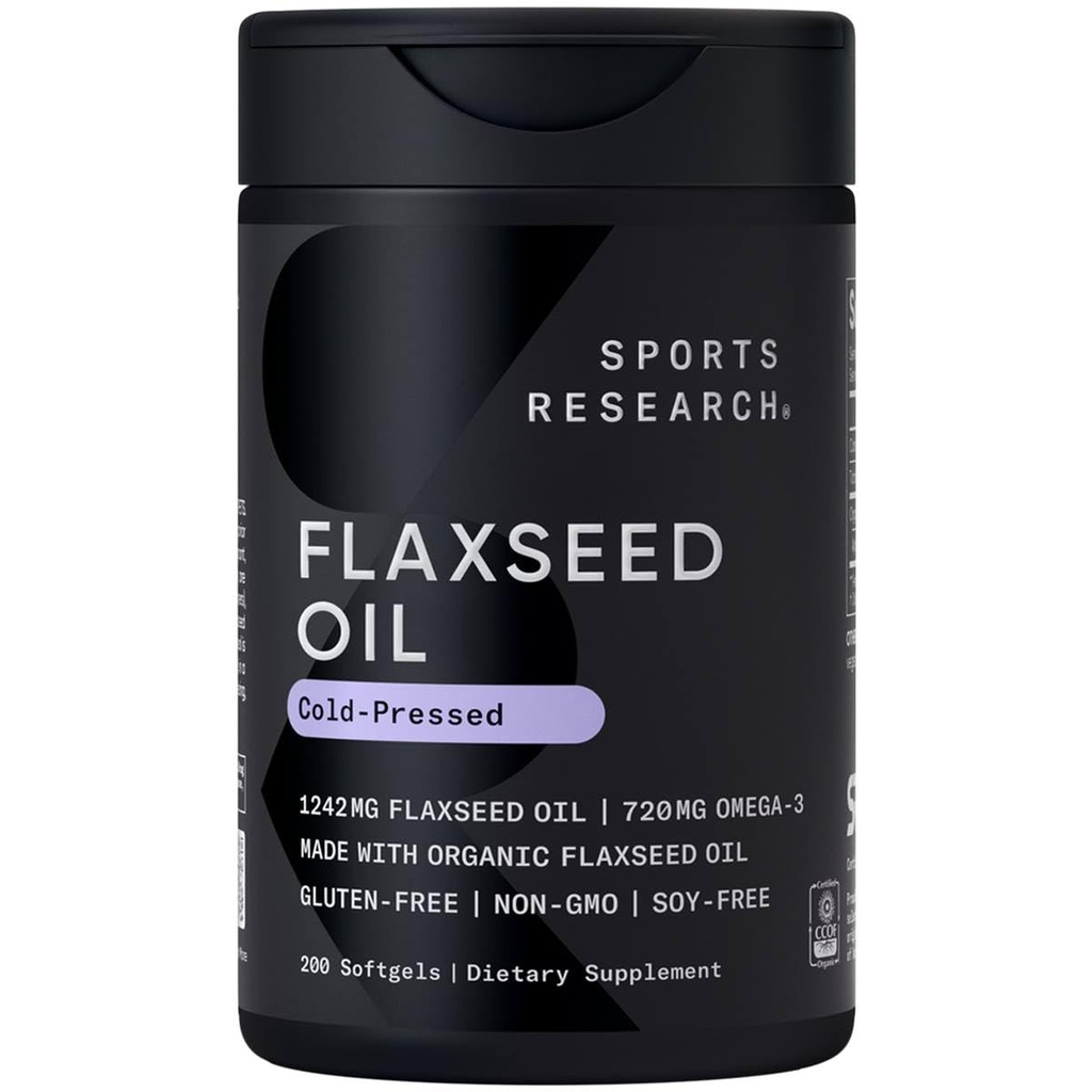 Sport Forskning Flaxseed Oil Softgels 1242mg - Plant Based Omega 3 Supplement for kvinder & mænd - Non- GMO Verified, Soy & Gluten Free (200 Greve)