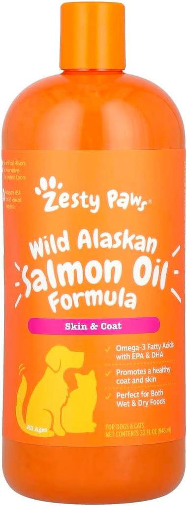 Zesess Paws Wild Alaska Salmon Oil for Dogs & Cats - Omega 3 Skin & Coat Support - Natural EPA & DHA, Fedtsyrer til fælles funktion, Immun & Heart Health flydende kosttilskud, 32 oz