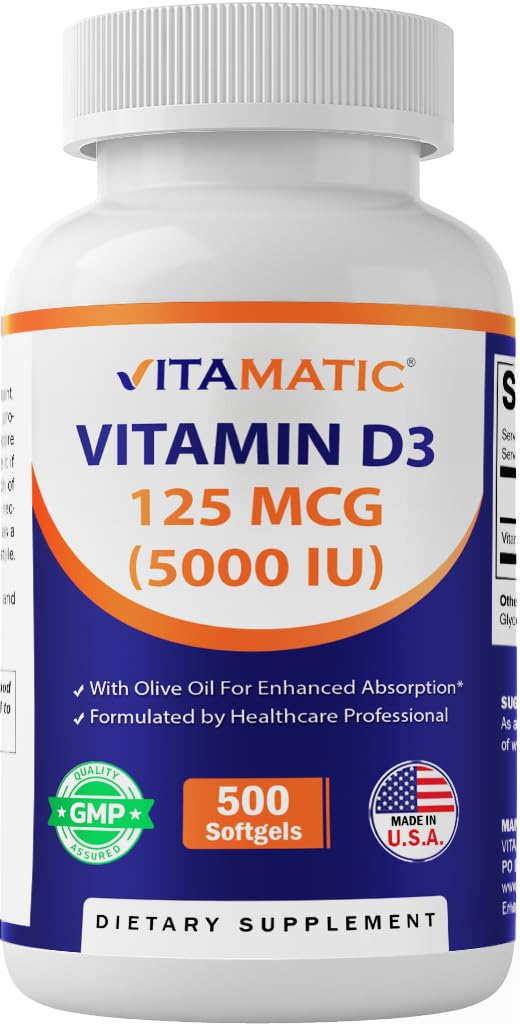 Vitamatisk vitamin D3 5000 IE (125 mcg) - 500 Mini Softgels Olive Oil- Based Formel - Cold- Pressed - 500 - Day Supply - Supports Bone, Muscle & immunforsvar - Non- GMO & Gluten- Free