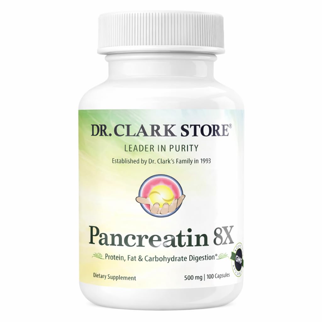 Dr. Clark Pancreatin 8X Enzyme Supplement 500mg | Several Digestive Aids Formulas Promotes Proteins, Fat | Carbohydrates Healthy Supports Optimal Digestion - 100 Gelatin Capsules