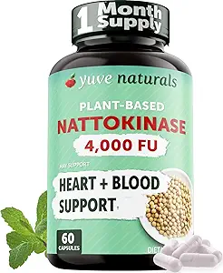 Yuve Nattokinase 4000 FU, Nattokinase Supplement for Cardiovaskulær Health Support - Natural Blood Thinner - Natokinase Enzyme fra Nato Extract, Sugar- Free, Vitamin K Free - 60 piller, Made in USA