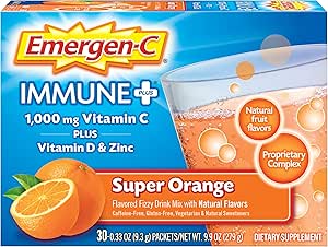 Emergen- C immun + 1000mg C-vitamin pulver, med D-vitamin, zink, antioxidanter og elektrolytter til immunitet, immuntilskud Kosttilskud, Super Orange Flavor - 30 greve / 1 måned Supply