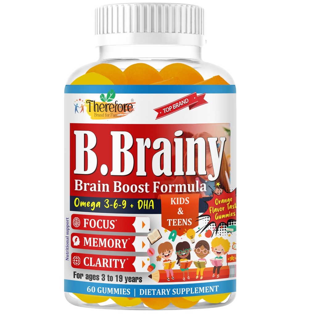 B.Brainy Focus Gummies for Kids & Teens, Kids Focus and Attention Supplements, Brain Focus Vitamins, Vegan Omega 3 EPA/DHA, Support Memory, Clarity, Concentration, Low Sugar 60 Gummies
