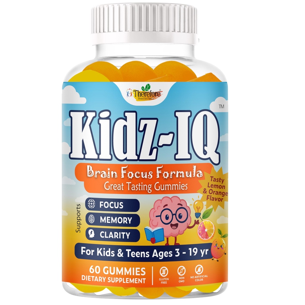 Therefore Kidz IQ Focus Gummies for Kids & Teens, Brain Supplements for Memory and Focus for Kids, Concentration, Attention and Focus Supplement, Orange Flavor, Non-GMO, Gluten-Free – 60 Gummies