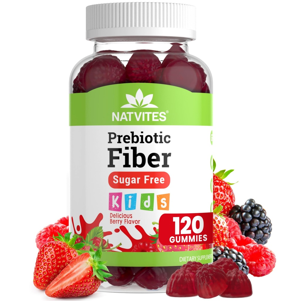 Prebiotic Kids Fiber Gummies, for Children Ages 2 & Up - Sugar Free Vegetarian Gelatin Free Non-GMO, Kids Fiber Supplements for Digestive Health (120 Count)
