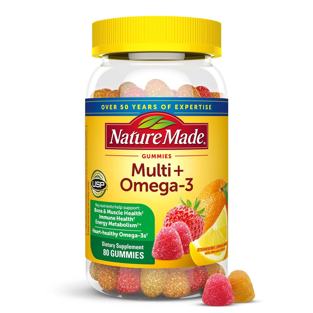 Nature Made Multivitamin + Omega-3, Multivitamin Gummies for kvinder og mænd, Daglig Nutritional Support, 80 Voksen Gummy Vitamin & Min, 40 dages forsyning
