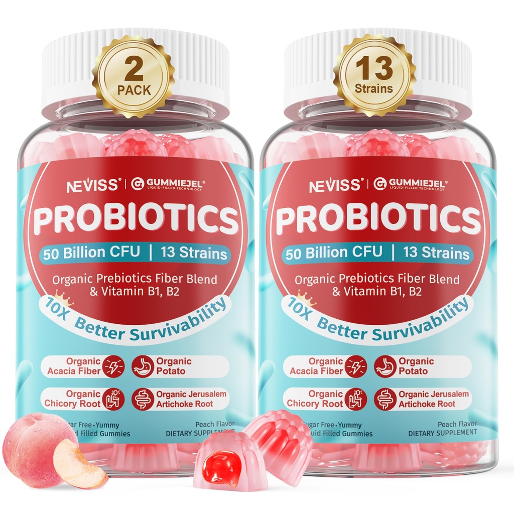Probiotic + Prebiotic Gummies for Adults & Kids 4+, Sugar Free Chewable Probiotic 50Billion CFUs w/Fiber, Vitamin B1 B2 D3 & Zinc, for Digestive & Gut Health, Boost Microflora Diversity, Vegan 120 Cts