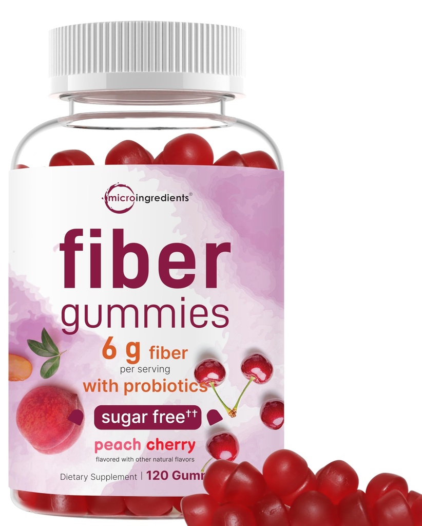 Micro Ingredients Fiber Gummies with Probiotics, 120 Count | 6g Per Serving + 2 Billion CFU | Sugar Free Peach Cherry Flavor | High Fiber Supplement for Women & Men | Non-GMO, Gluten Free