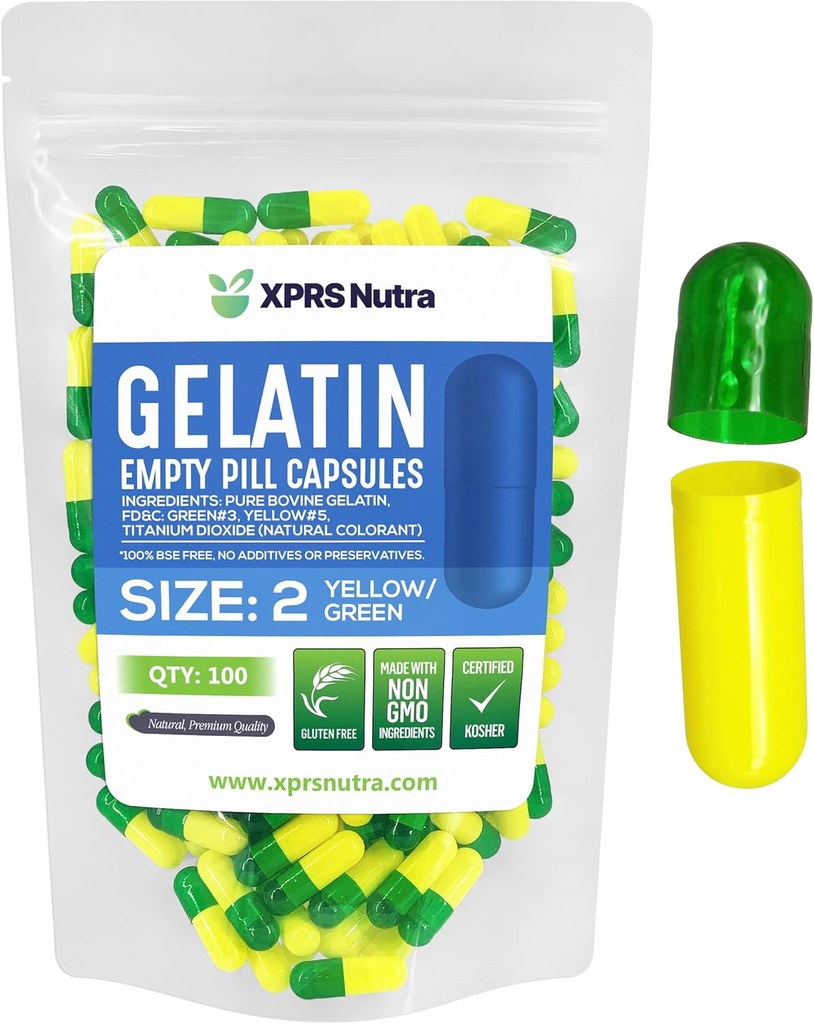 XPRS Nutra Størrelse 2 Tomme kapsler - 100 Tomme Gelatine kapsler - Piller gør det selv Capsule Filling - Pure Bovin Pill Gel Caps til Do- It- Yourself Kosttilskud (grøn / gul)