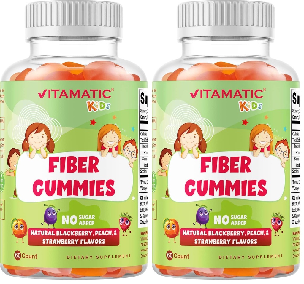 Vitamatic Kids Prebiotic Fiber Gummies – Extra Strength 4g Fiber – Zero Sugar Added – 60 Pectin-Based Gummies – Digestive Health & Regularity Support (Pack of 2)