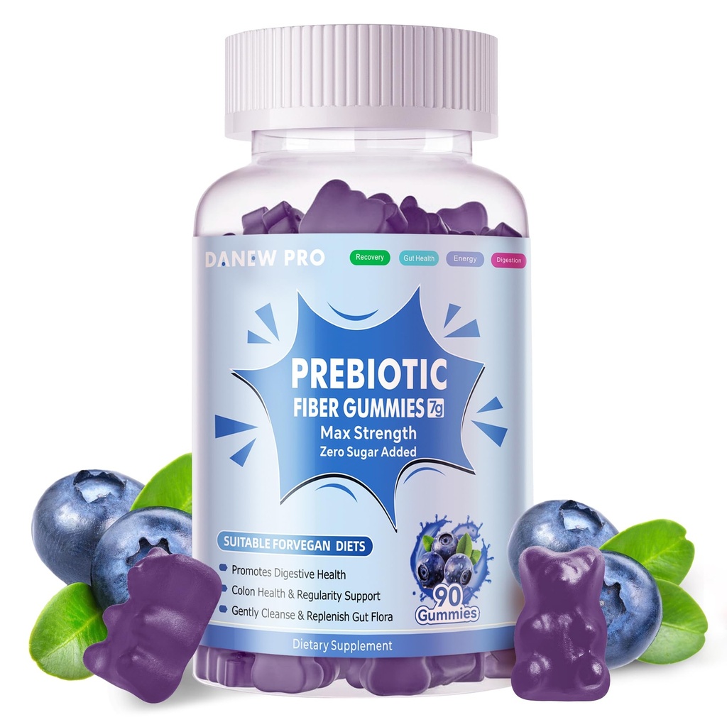 Prebiotic Fiber Gummies for Adults, 7G Extra Strength, Zero Sugar Added, 90 Pectin Based Gummies, Digestive Health & Regularity Support-Blueberry