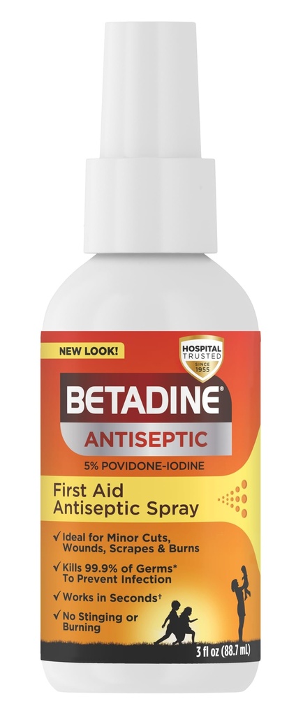 Betadin Antiseptisk Førstehjælp Spray, Povidon-jod 5%, Infektion Beskyttelse, Kills Germs In Minor Cuts Scrapes And Burns, No Sting Lover, Ingen Alkohol eller Hydrogen Peroxid, 3 FL OZ