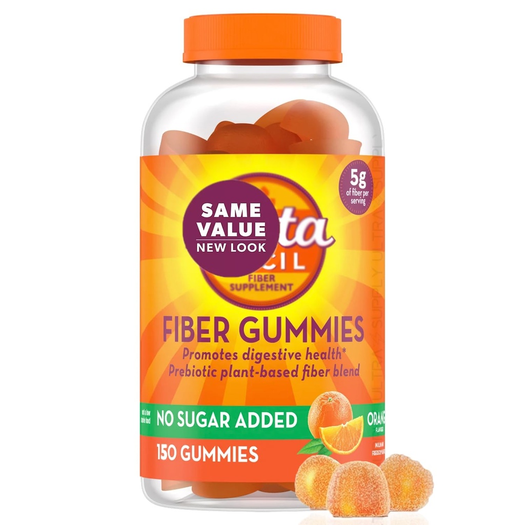 Meta-mucil Fiber Gummies, (150 Count.) No Sugar Added, 5g Prebiotic Plant-Based Fiber, Orange Flavor, Supports Digestive Health