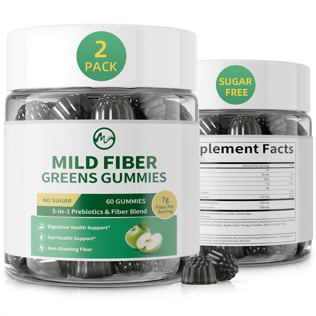 M inch Fiber Gummies for Adults Women Men Sugar Free - Fiber Supplement Support Digestive, Gut & No Bloating* - 7g High Fiber per Serving, Daily & Soluble, 2 Pack, Apple Flavor, Vegan, Non GMO