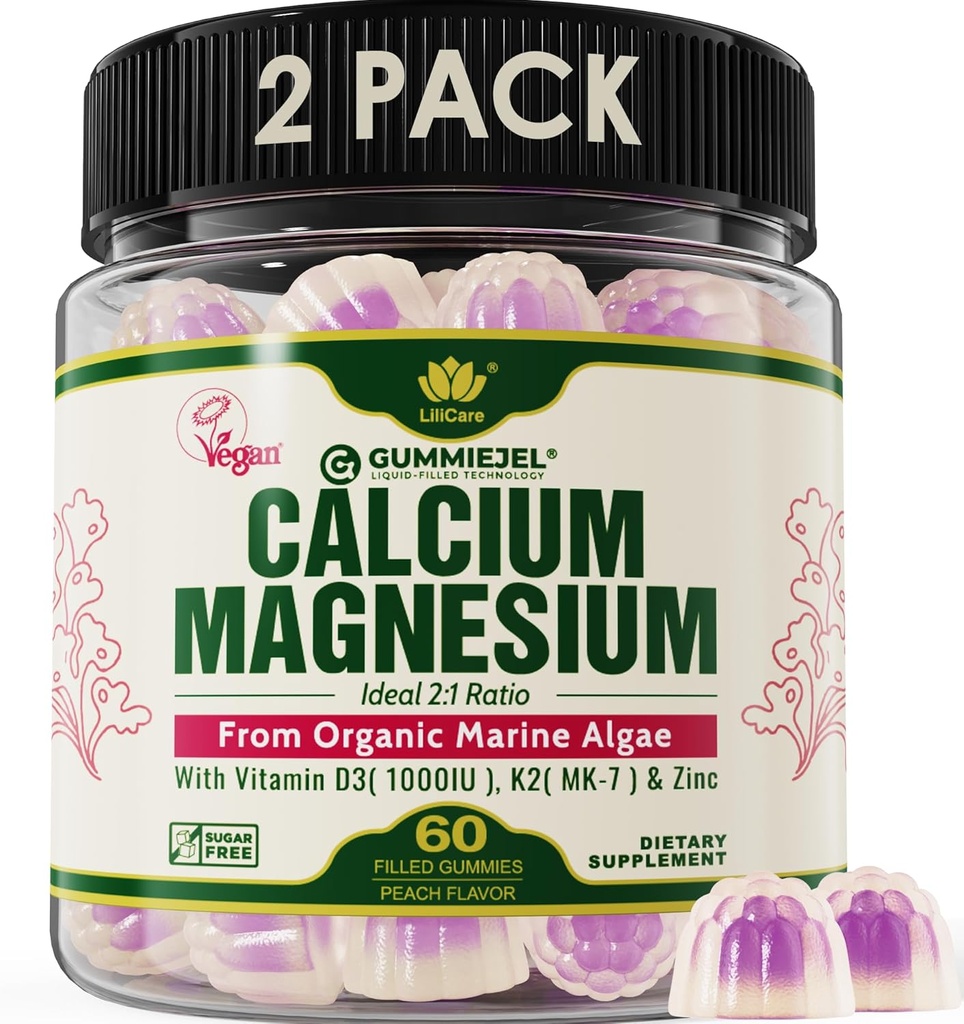 2 Pack - Plant Based Calcium Gummies 600mg med vitamin D3 K2, Magnesium, Zink til Knoglestyrke, Sukker Free Calciumtilskud til kvinder & mænd (Certificeret Vegan) fra bæredygtigt økologisk rød Alger