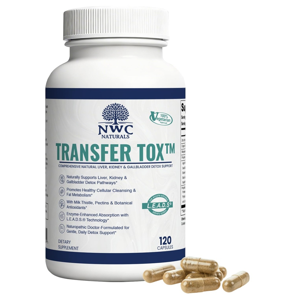 NWC Naturals Transfer-Tox, Liver & Kidney Detox and Support, Milk Thistle Detox Cleanse, Liver Support Supplement for Vital Health & Kidney Function, for Men & Women, Vegetarian Approved, 90 Capsules