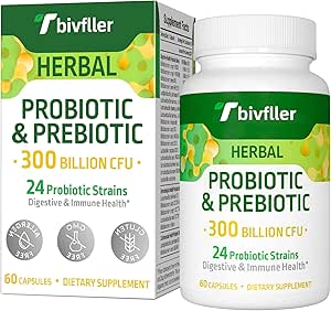Probiotics for Women Men- 300 Billion CFU, 24 Strains Probiotic+15 Organic Herbs Prebiotics Blend, Pre and Probiotics, for Digestive Health, Immune & Gut, Diarrhea, Bloating, Vegan, 2 Month Supply