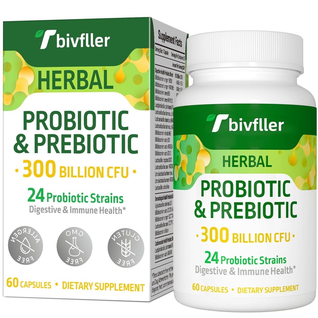 Probiotika til kvinder Men- 300 Millioner CFU, 24 Strops Probiotika + 15 Økologiske urter Prebiotika Blend, Pre og Probiotika, til fordøjelsessygdomme, immunforsvar & Gut, Diarré, Bloating, Vegan, 2 Måned Supply