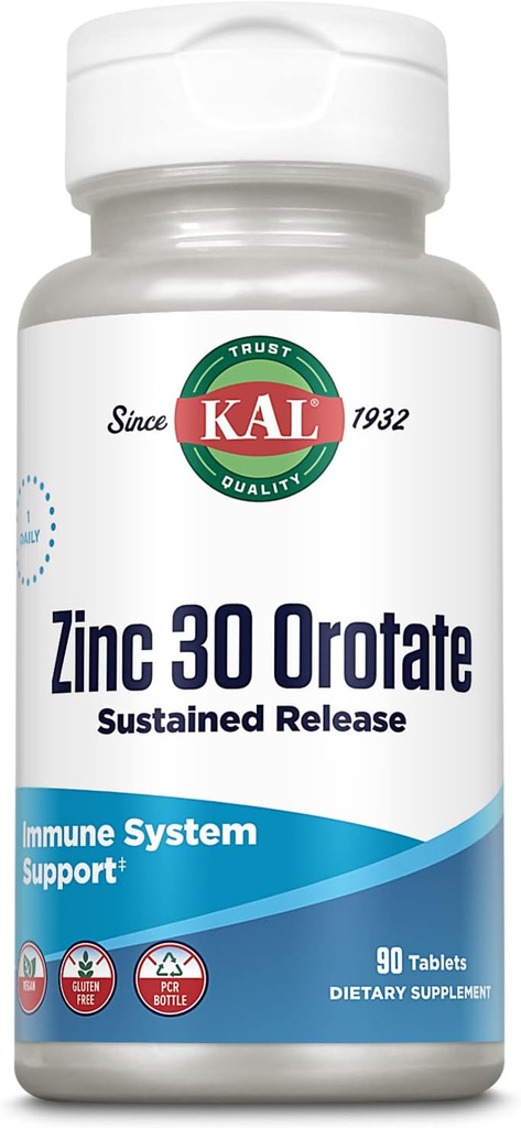 KAL Zinc Orotate 30mg, Sustained Release, Chelated Zinc Tablets, Immune Support Supplement, Protein Synthesis, Metabolism, Energy Support, Vegan, Gluten Free, 60-Day Guarantee, 90 Servings, 90 Tablets