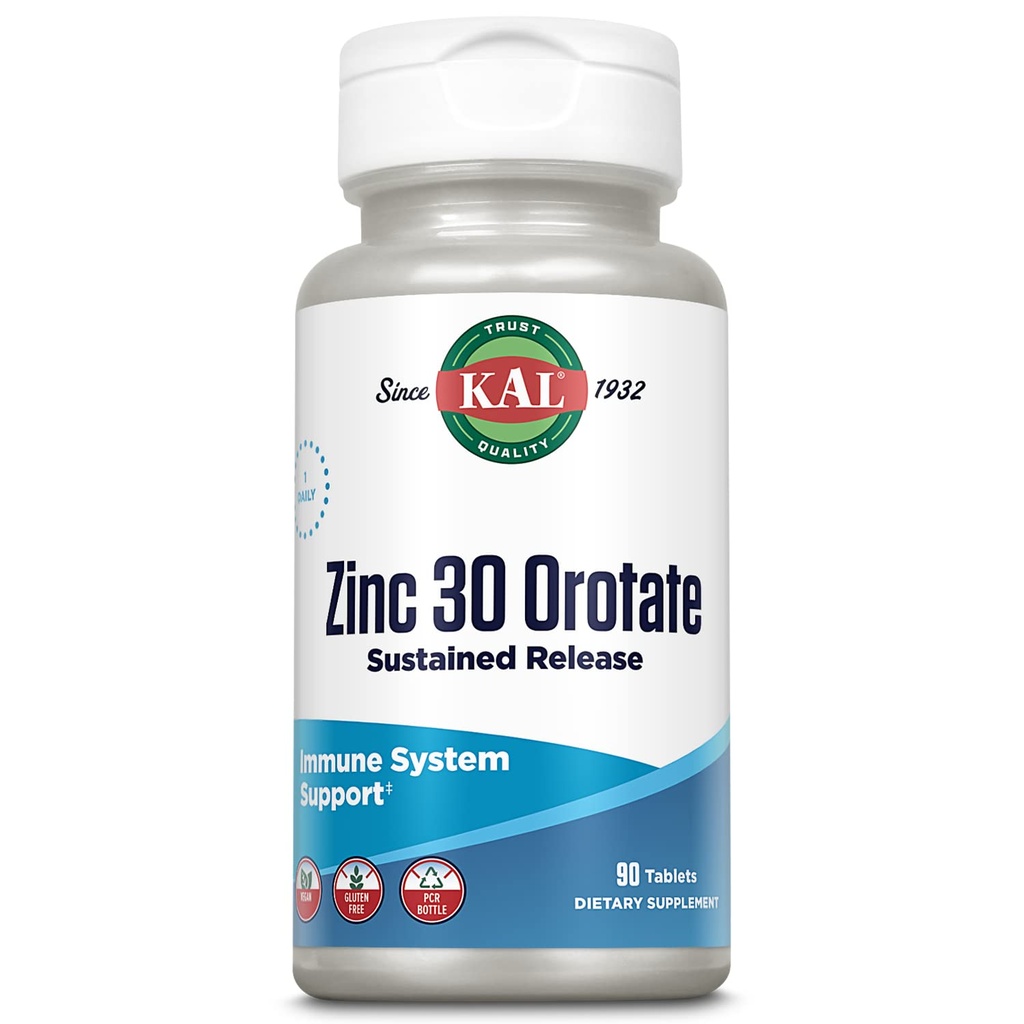 KAL Zink Oroter 30mg, Vedvarende udgivelse, Chelated Zink tabletter, immunsupporttillæg, Protein Syntese, Metabolisme, Energistøtte, Vegan, Gluten Free, 60- Day Garanti, 90 Servere, 90 tabletter