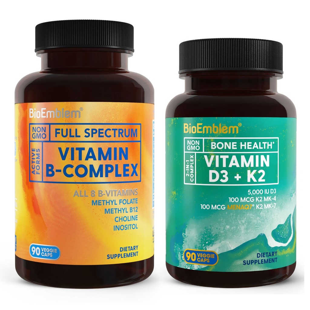 BioEmblem Vitamin D3 K2 Capsules (5000IU and 200mcg) and Vitamin B-Complex
