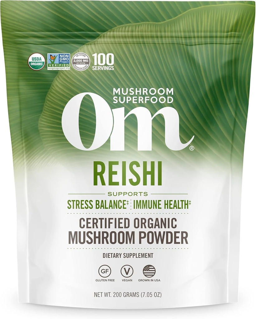 Om Mushroom Superfood Reishi Organic Mushroom Powder, 100 Servering, Organic Adaptogen Powder for Stress Relief og immunforsvar