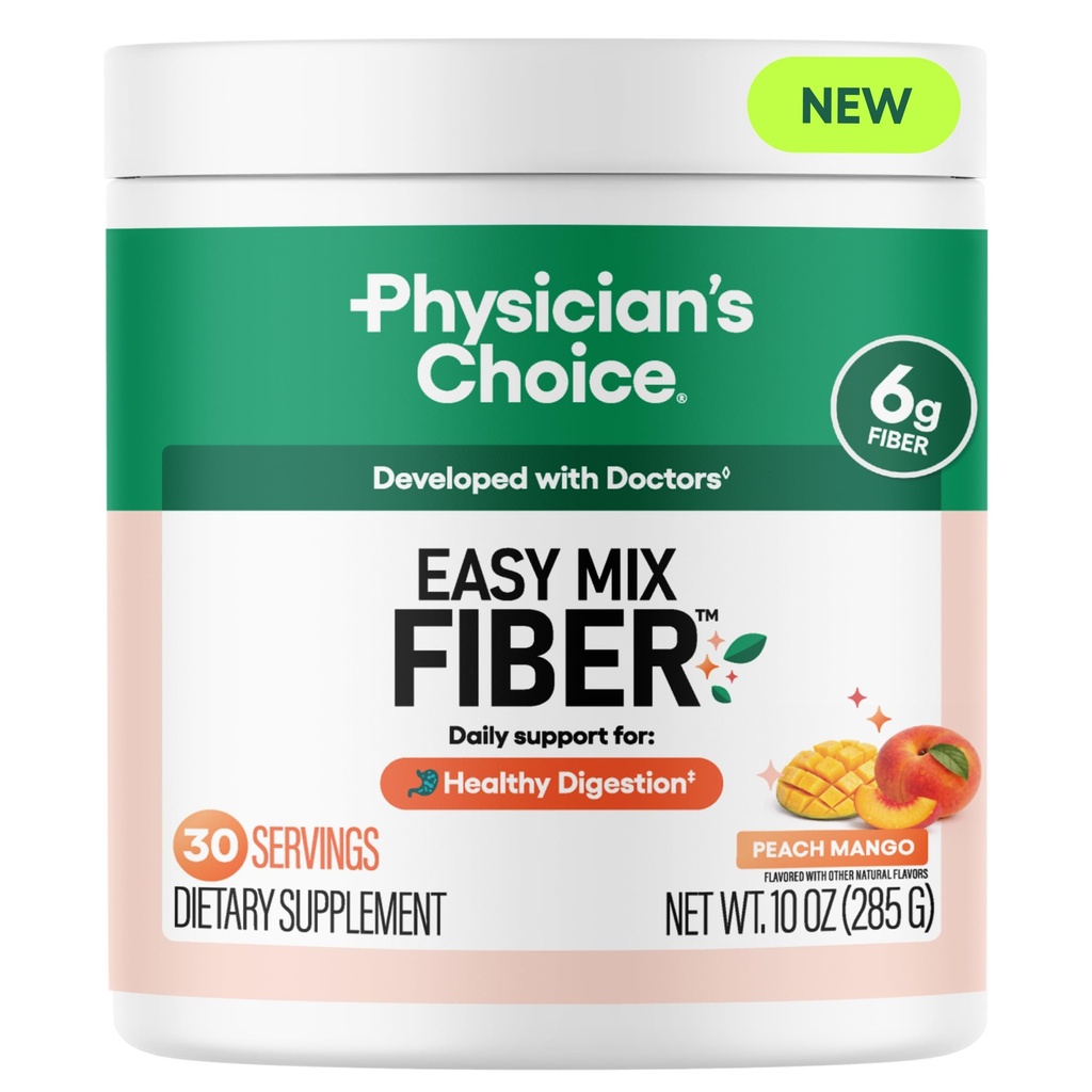 Physician's CHOICE Easy Mix Fiber for GLP-1 Support - No Grit - Daily Prebiotic Soluble Fiber Powder Supplement for Women and Men - Peach Mango - 30 Servings