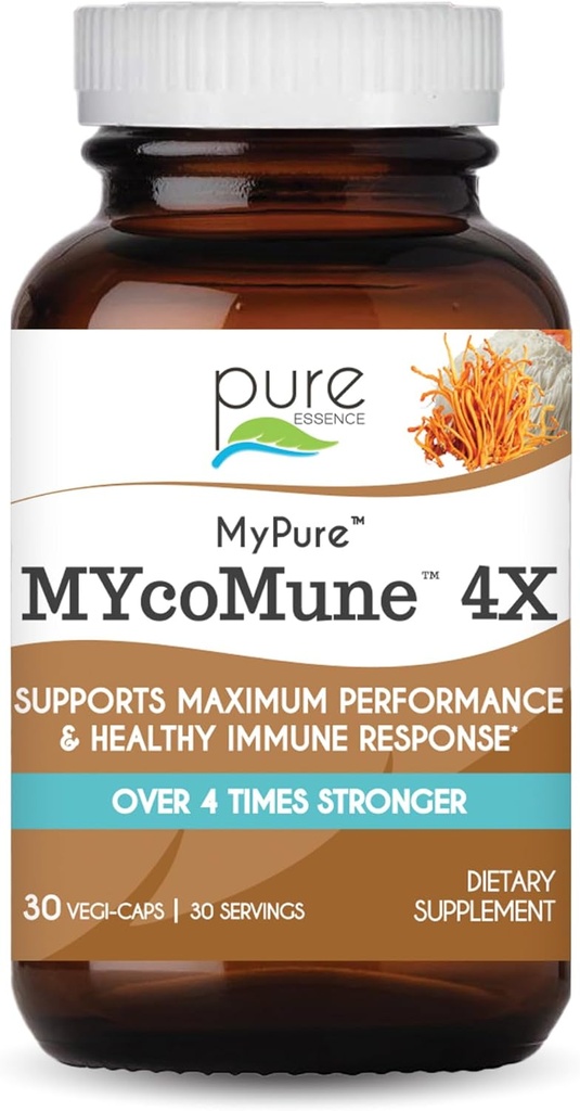 MycoMune 4X Organic Mushroom Supplement - Reishi, Lions Mane, Cordyceps, Chaga, Shiitake, Maitake for immunsystem, Combat Stress, Byg energi af Ren Essence - 30 Caps