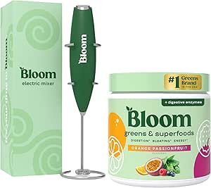 Bloom Nutrition Superfood Green Powder, fordøjelsesenzymer med Probiotika og Prebiotika, Gut Health, Bloating Relief, Orange Passionfruit + Milk Frother High drevet hånd mixer