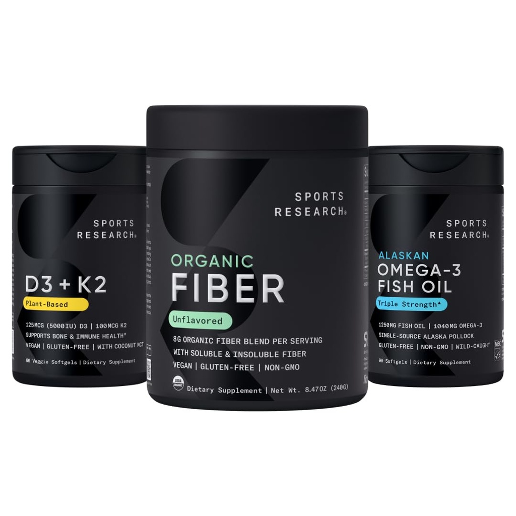 Sports Research® Regularity Pack - Organic Plant-Based Fiber Blend, Vitamin D3 5000iu + K2 100mcg, and Alaskan Omega-3 Fish Oil 1250mg