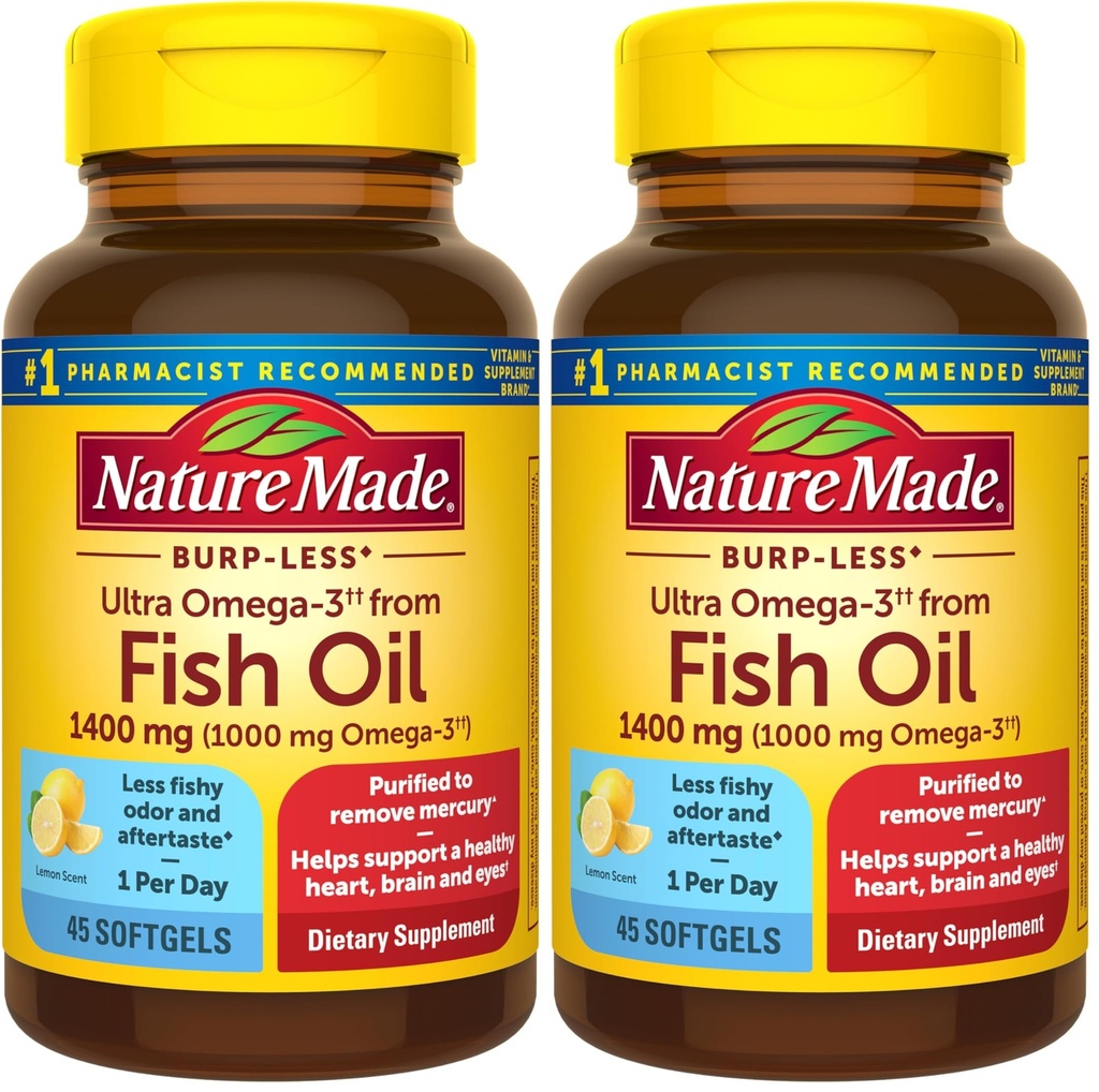 Nature Made Extra Strength Omega 3 Fish Oil Supplements, 1400mg, Fish Oil Omega 3 Supplements as Ethyl Esters for Healthy Heart, Brain, Eyes, Mood Support, 45 Softgels, 45 Day Supply, (Pack of 2)