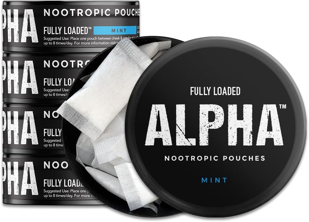 Fuldt indlæst Alpha Nootrop Pouches (Mint) - 5 Cans - 15 Pouches per can - Effektiv Nootrope Levering, Nic Pouch Erstatning - Hurtigere absorption, Alpha GPC, L-Tyrosine, GABA
