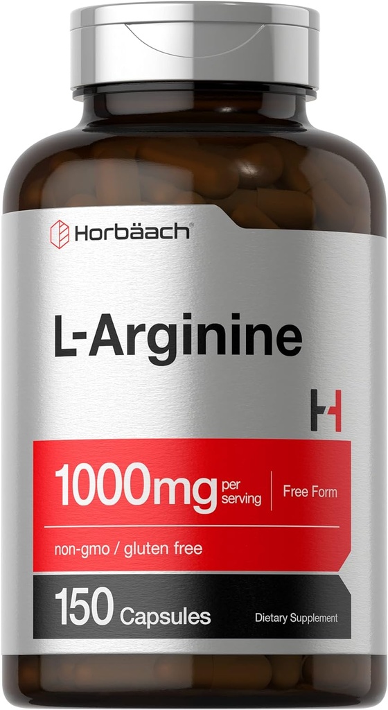 Horbäach L Arginin 1000mg Kapsler: 124; 150 Powder Pills: 124; Free Form: 124; Non- GMO & Gluten Free Supplement