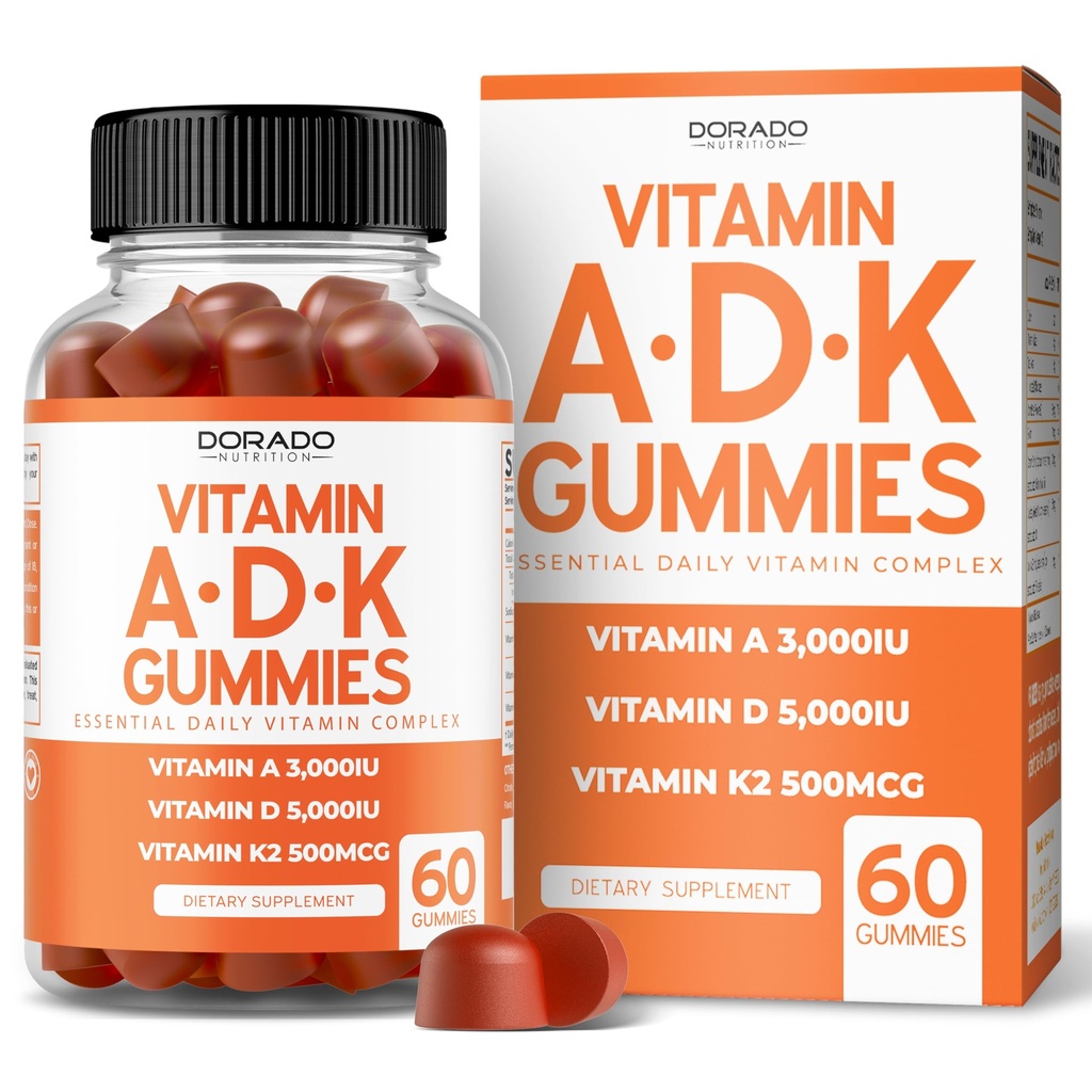 ADK Gummies Vitamin D3 K2 (60 Sugar Free Gummies) Vitamin D3 K2 10000iu / 5000iu - tillæg med D & K - 10 Vegan Supplement - Lækker Raspberry Flavor - Ikke GMO & USA Made - 60 Count