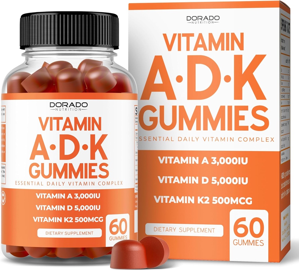 ADK Gummies Vitamin D3 K2 (60 Sugar Free Gummies) Vitamin D3 K2 10000iu / 5000iu - tillæg med D & K - 10 Vegan Supplement - Lækker Raspberry Flavor - Ikke GMO & USA Made - 60 Count