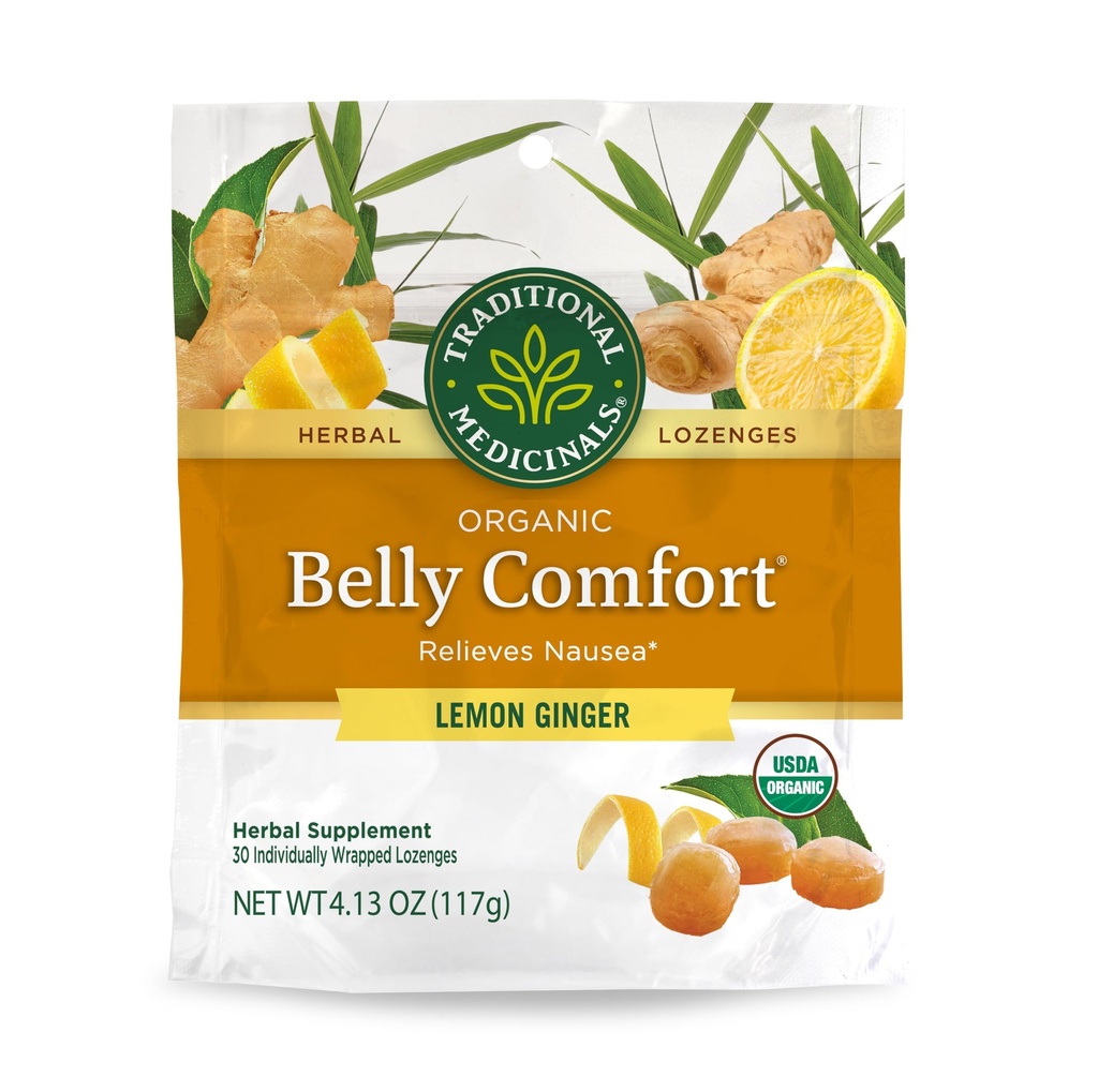 Traditionelle Medicinals, Organic Belly Comfort Lozenges Lemon Ginger, Relieves Kvalme, 30 Individuelt indpakket Lozenges