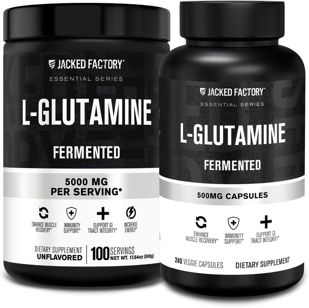 Jacked Factory L- Glutamin Powder 100 Servering & L- Glutamin kapsler 500mg (240 kapsler) for Post Workout Muscle Inddrivelse, Immunitet, fordøjelsesbesvær