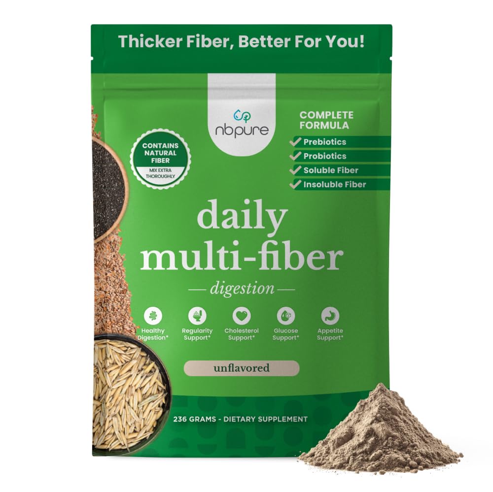 nbpure Daily Fiber Powder Blend - Digestive Health, Cholesterol Support, Healthy Weight Management | Prebiotic, Insoluble Soluble Fiber + 4 Probiotic Strains | Unflavored (45 Servings)